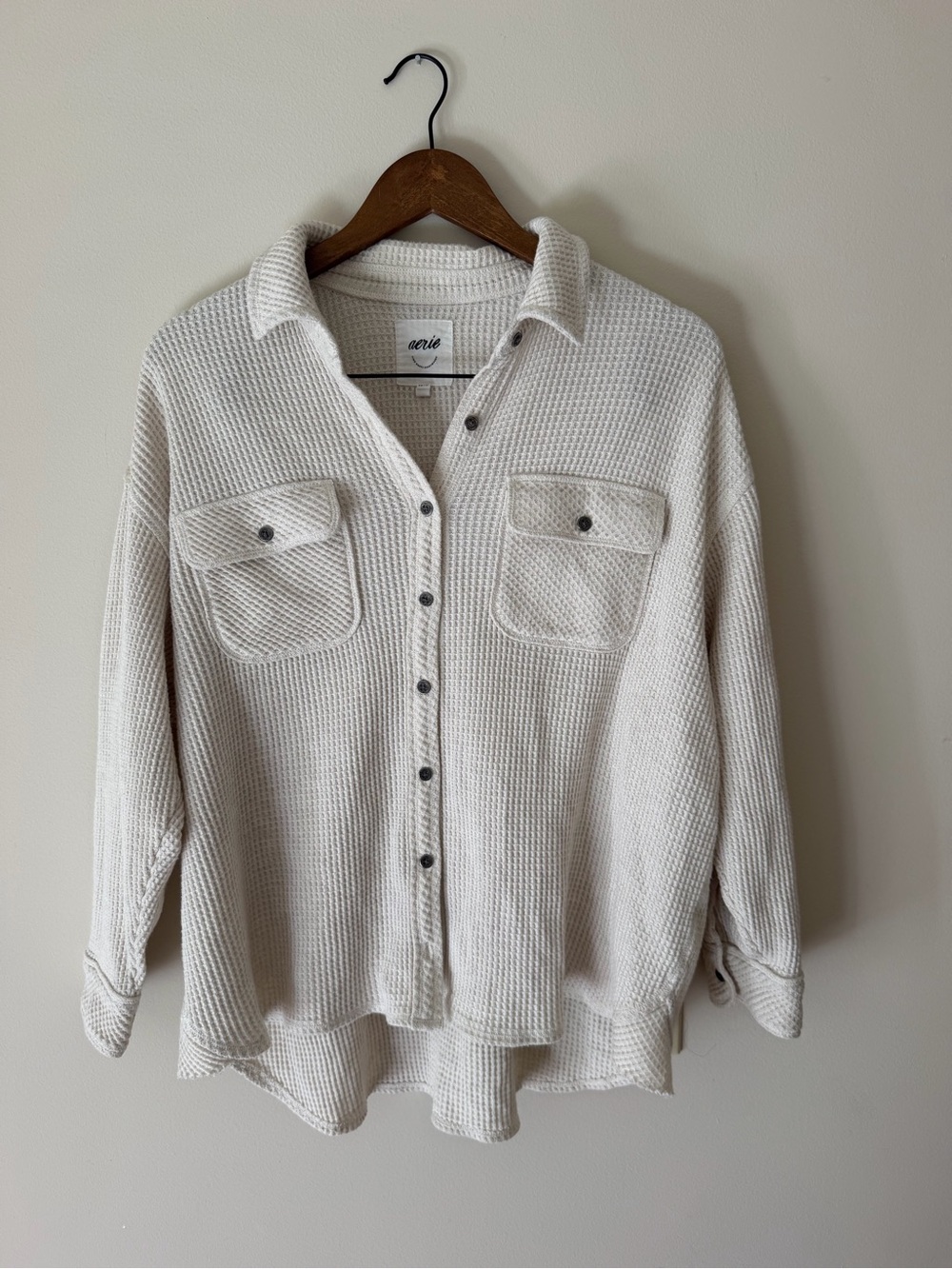 aerie Cream Waffle Knit Button-Down Oversized Shirt, Size XS (fits like a small)